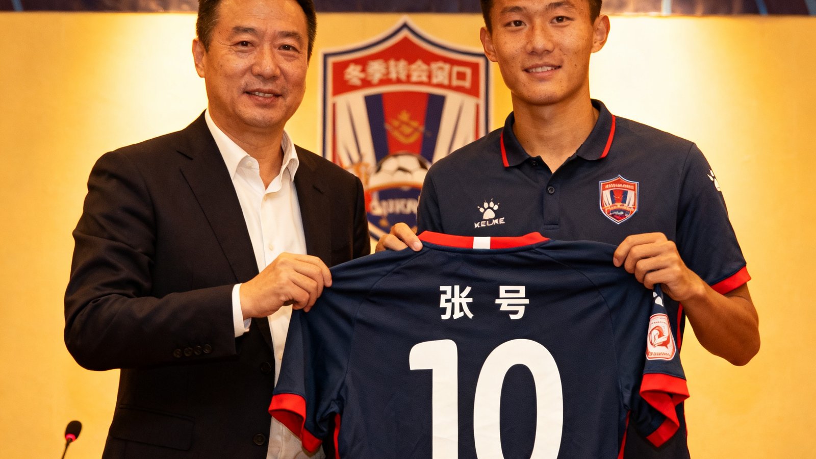 冬季转会窗口新闻发布会上，俱乐部总监与一名新援球员共同举起球衣，球衣背面印着球员号码和名字